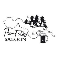 Logo for Poor Folks Saloon at Shady Rest Campground, featuring trees, a tent, and a mug of beer outlined over a map-like shape. Perfect for the April Member Spotlight. - Rice Lake Chamber of Commerce