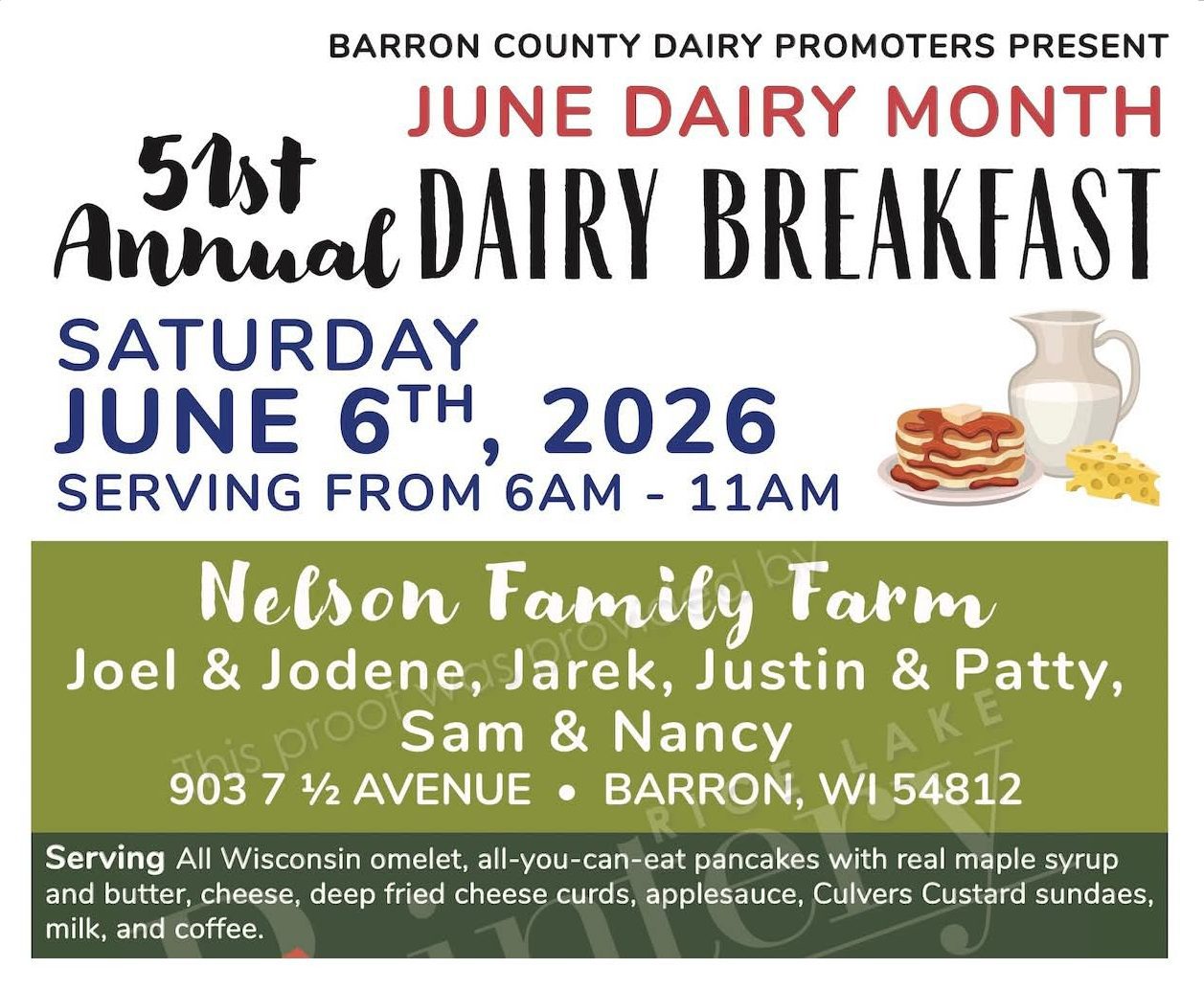 Flyer for the 51st Dairy Breakfast on June 6, 2026, at Nelson Family Farm in Barron, WI. Highlights include event details and a delicious breakfast menu at this beloved annual dairy event. - Rice Lake Chamber of Commerce