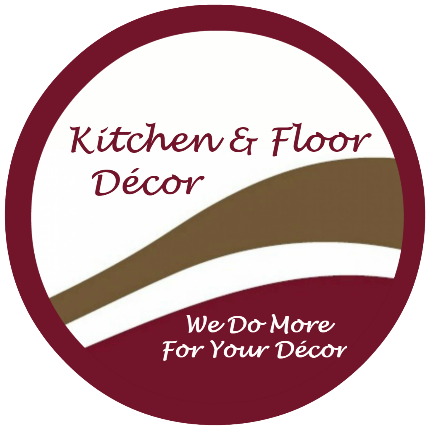 A circular logo for "Kitchen & Floor Décor" features maroon, brown, and white waves, highlighting kitchen decor. The slogan "We Do More For Your Décor" appears in white text. - Rice Lake Chamber of Commerce