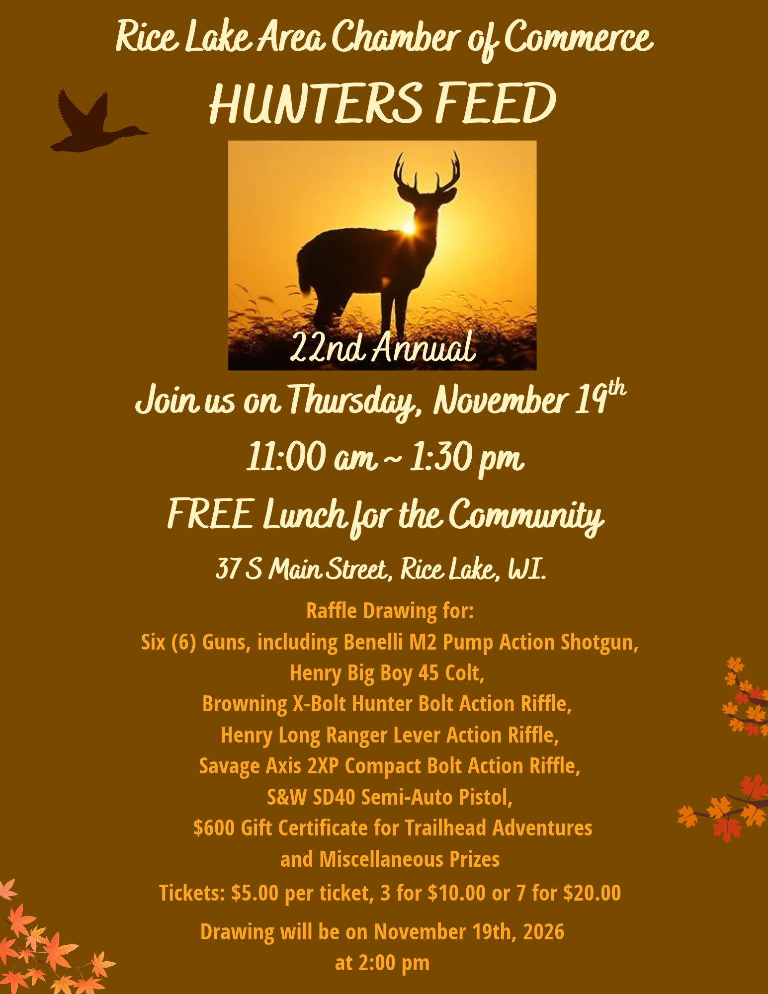 Event flyer for the 22nd Annual Rice Lake Area Chamber of Commerce Hunters Feed on Thursday, November 19th, from 11:00 am to 1:30 pm at 37 S Main Street, Rice Lake, WI, featuring a six-gun raffle. - Rice Lake Chamber of Commerce